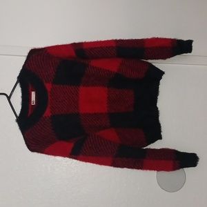 SO plaid sweater, red and black, Large